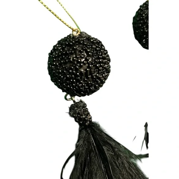 Black beaded ball & feather tassel Christmas ornaments/home decor 4 pieces 7.5” - Picture 3 of 12